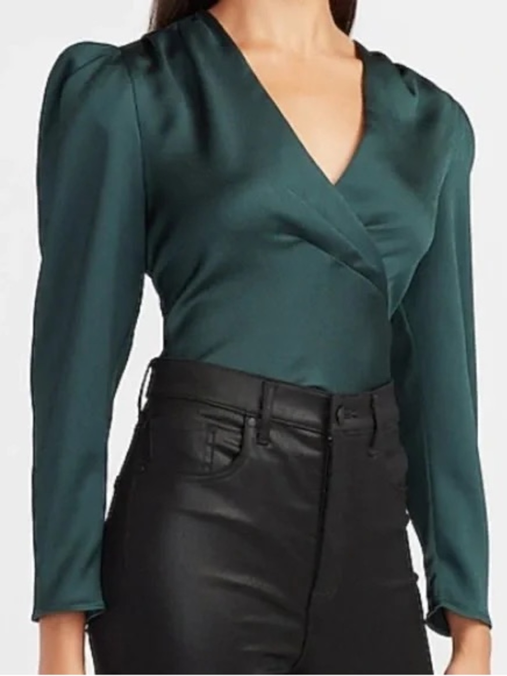 Express Deep Emerald Green Satin Wrap V-Neck Top XS